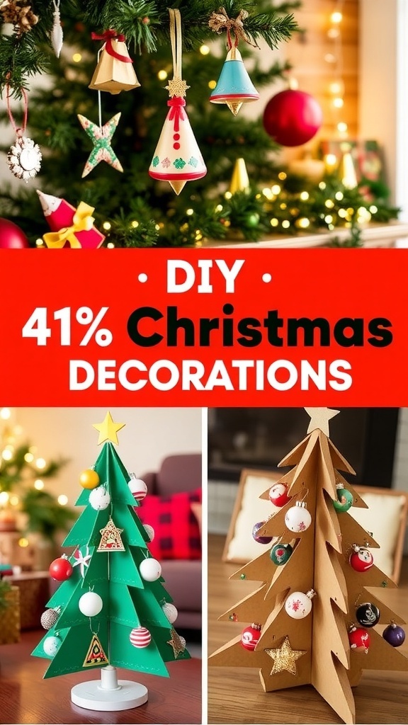 A collection of DIY recycled Christmas decorations including ornaments, garland, and a cardboard tree in a festive living room.